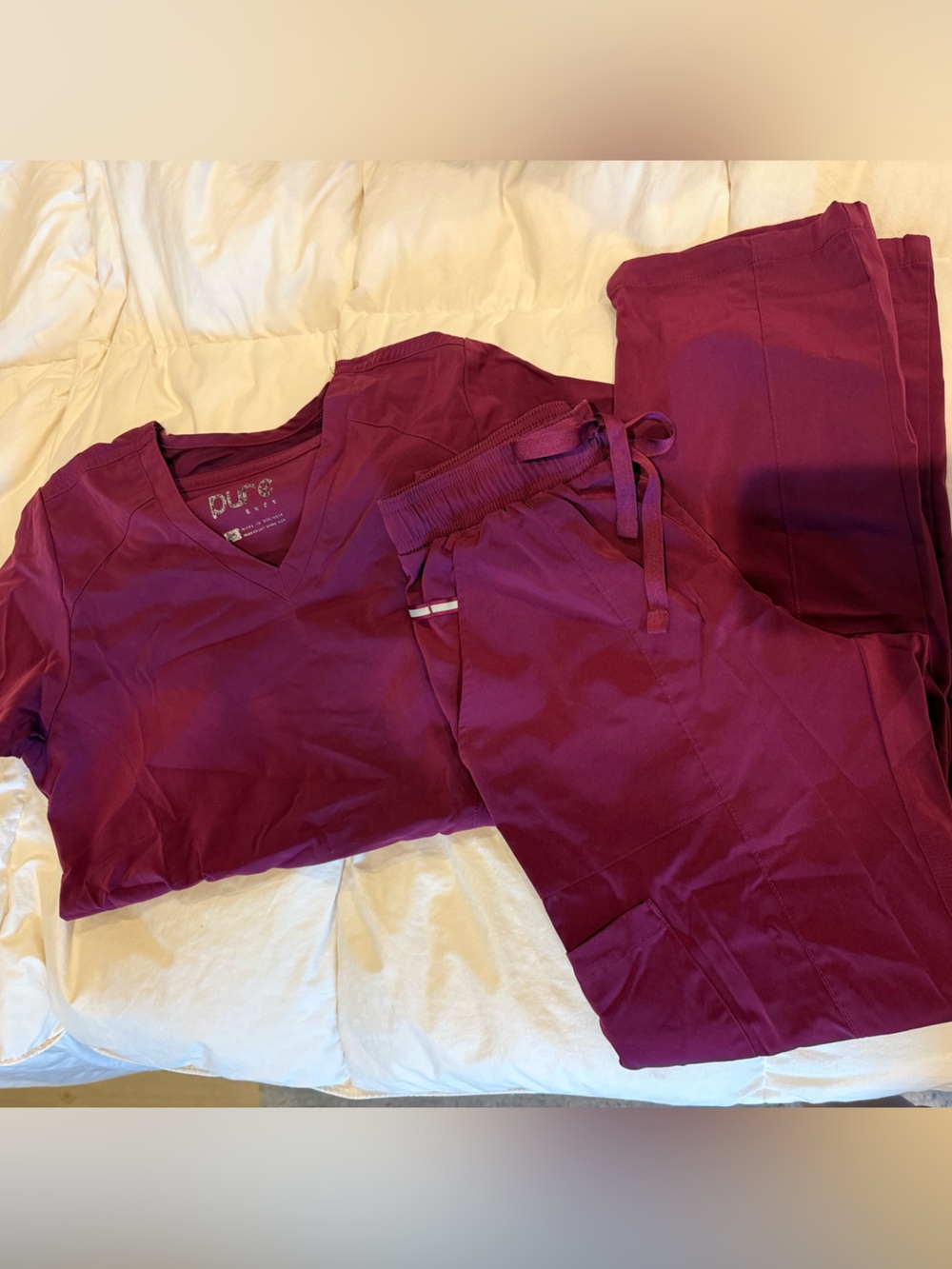 Pure Women's V-Neck Scrub Top & Drawstring Pants Set - Deep Berry